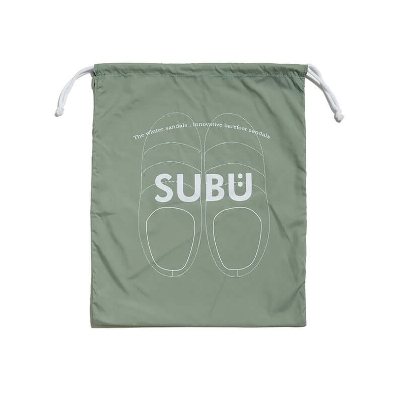 SUBU storage bag for F-Line Smoke green sandals featuring a minimalist design and drawstring closure.