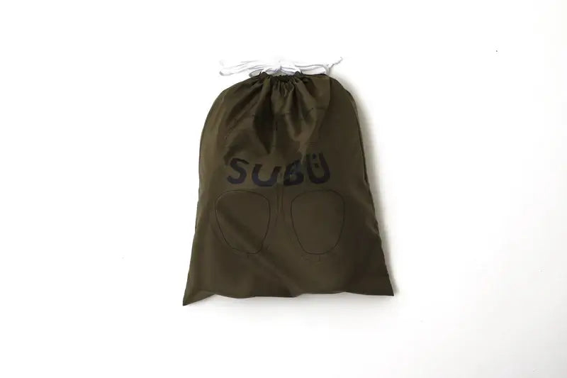 Subu storage bag in khaki color with drawstring closure and logo design