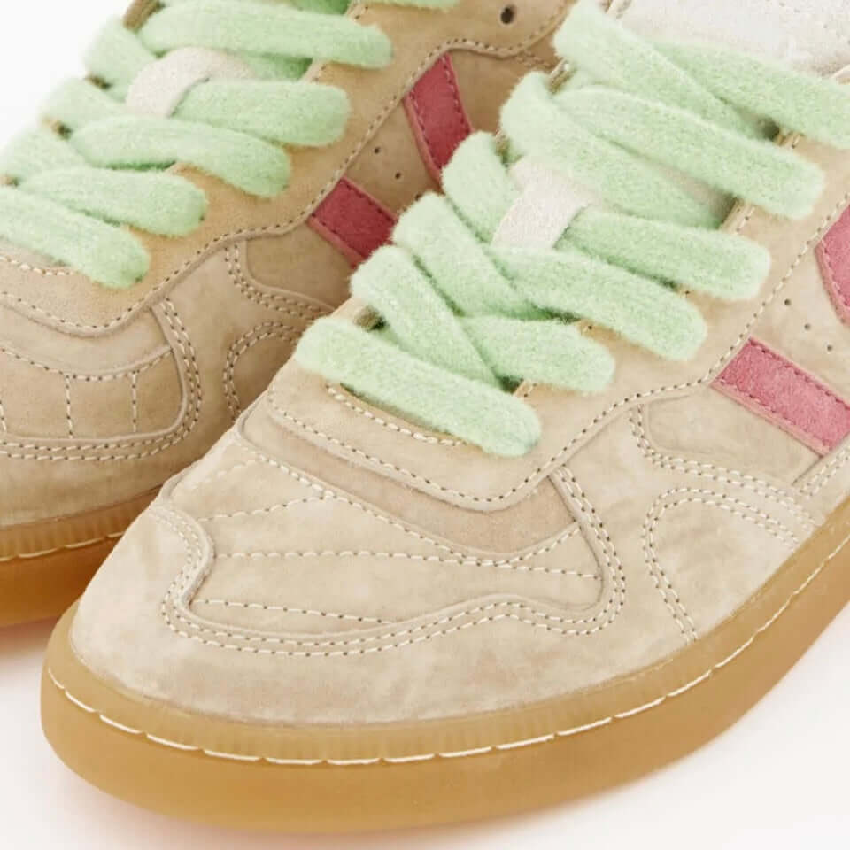 Coolway I Goal Cream Drift sneakers with mint green laces and beige suede upper.
