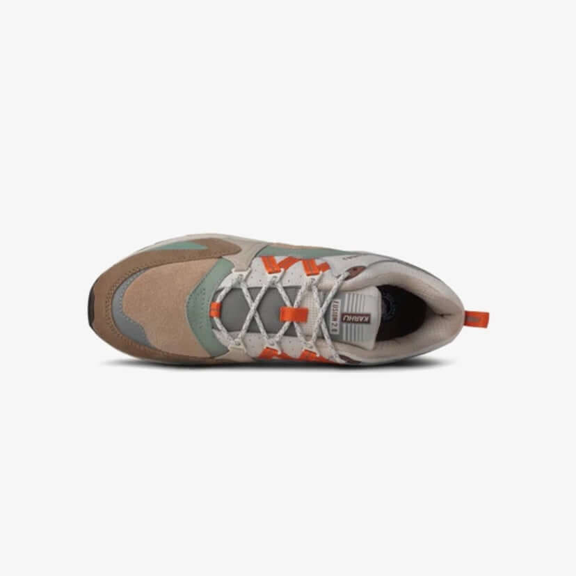 Karhu I Fusion 2.0 Portabella/Nasturtium sneakers top view with suede and mesh materials.
