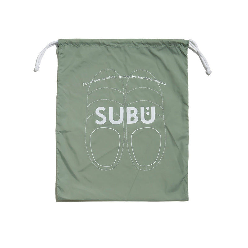 SUBU storage bag for F-Line Smoke green sandals featuring a minimalist design and drawstring closure.