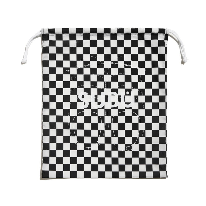 Subu I F-Line Checker drawstring bag in black and white checker pattern with logo.