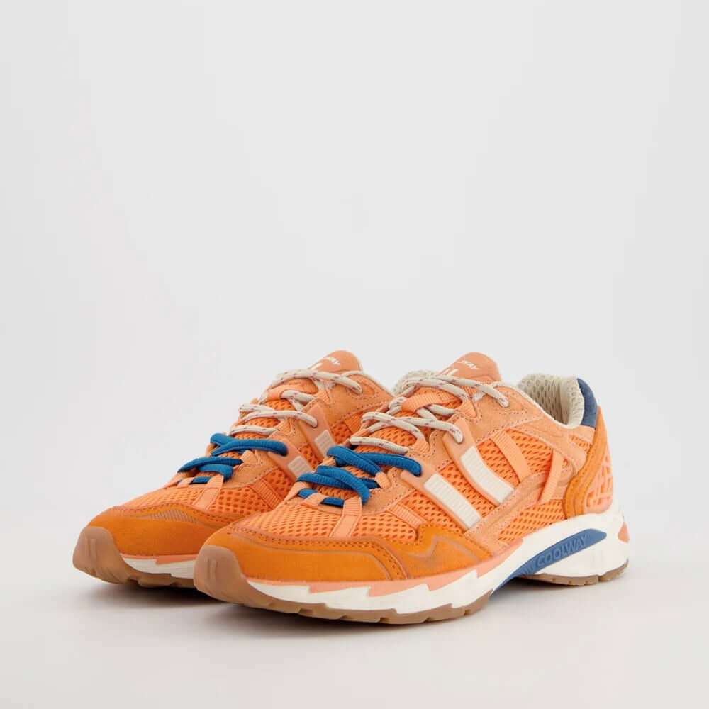 Coolway I 2003 ORG sneakers in vibrant orange with sporty blue laces, perfect for casual outfits.
