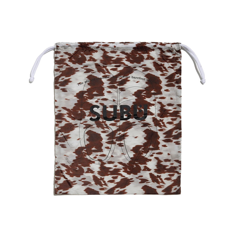 Subu F-Line brown print storage bag with drawstrings for slipper storage and travel.