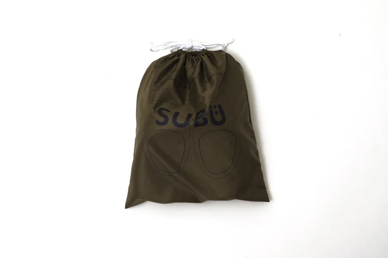 Subu storage bag in khaki color with drawstring closure and logo design