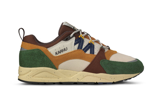 Karhu I Fusion 2.0 Douglas fir / Navy peony retro sneaker in green, brown, and cream colors.
