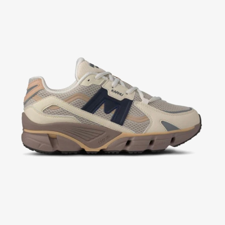 Karhu sneakers in beige and navy design showcasing modern retro style and advanced running technology.